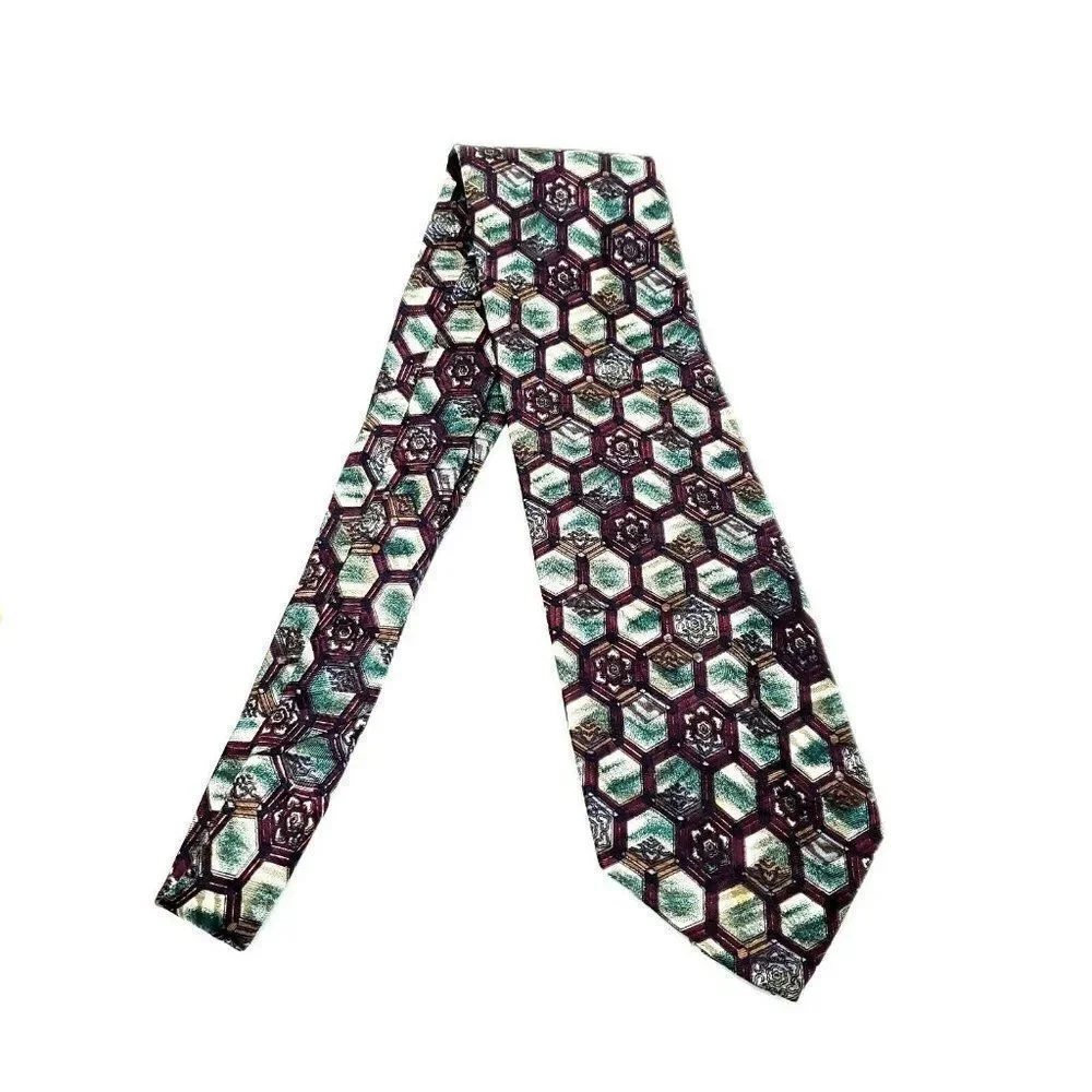 XMI Silk Tie‎ Maroon Green Geometric Short Wide